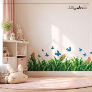استیکر دیواری طرح چمن و پروانه‌های آبی | کد T7710